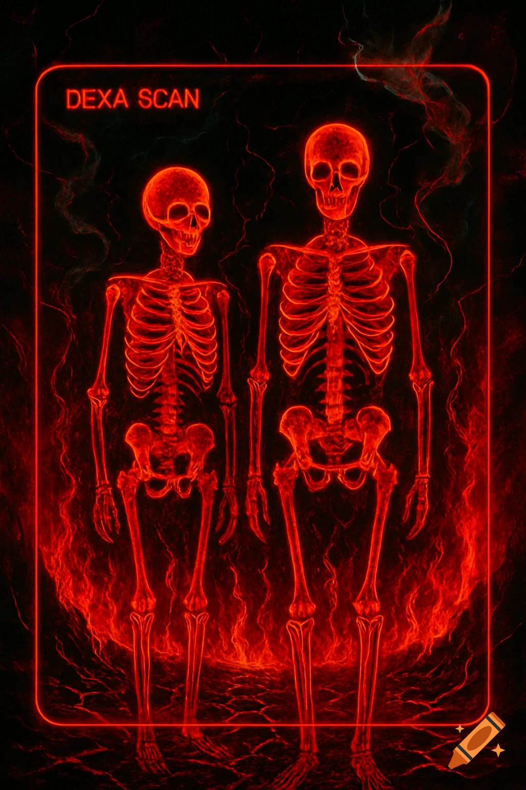 Two glowing red skeletons stand in a fiery, dark void, framed by a red neon border labeled 'DEXA SCAN'.