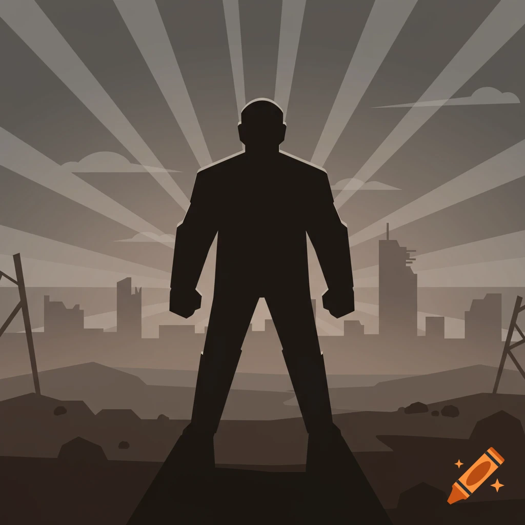 A dark silhouette of a muscular figure stands before a ruined city skyline under a radiating sky, in a stylized, monochromatic art style.