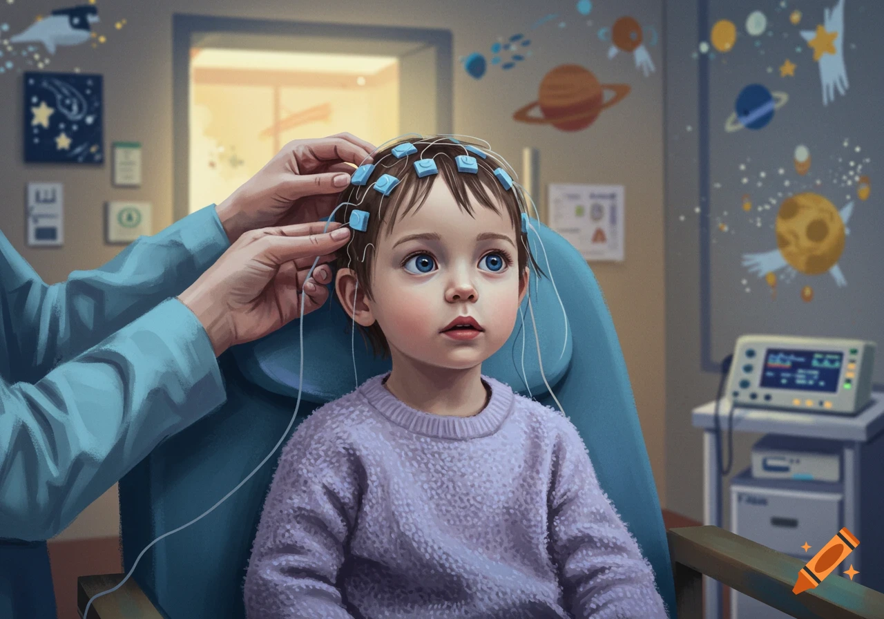 Illustration of a child with an EEG cap being placed on their head in a brightly decorated medical room.