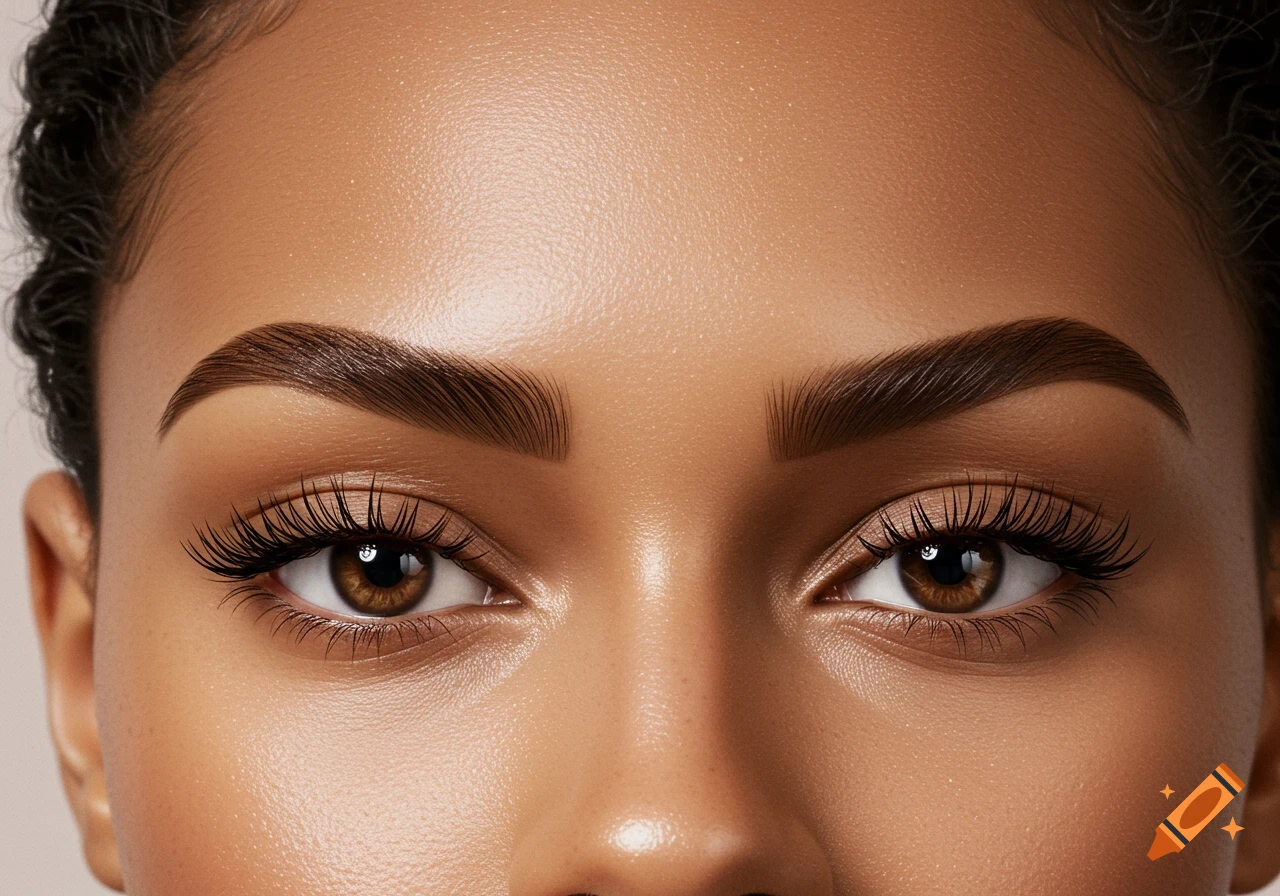 Close-up photorealistic shot of brown eyes with long lashes and perfectly shaped dark eyebrows.