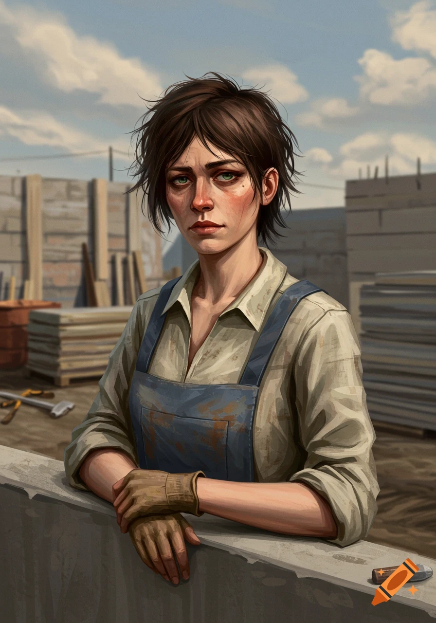 A portrait of a tired woman with short brown hair and green eyes, wearing blue overalls and gloves, at a construction site.