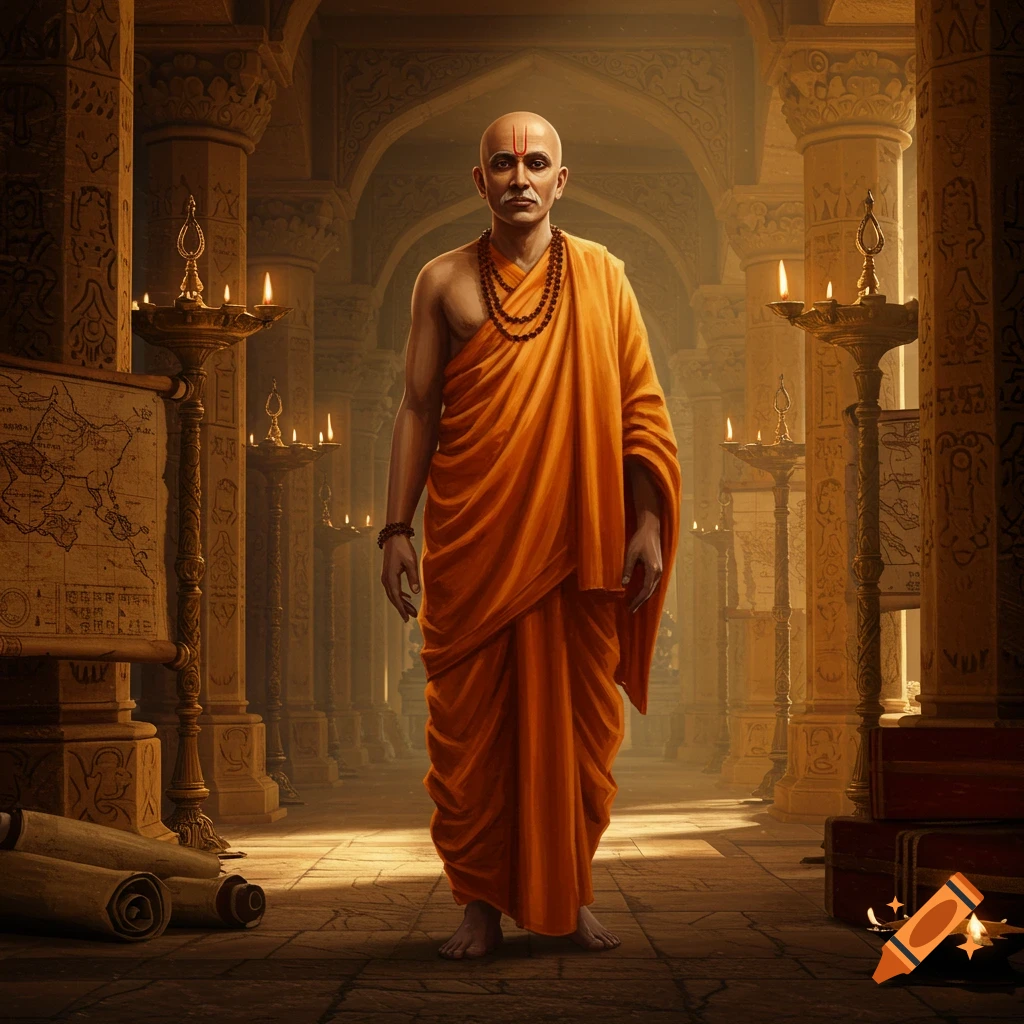 A bald man in orange robes with a red mark on his forehead stands in an ancient Indian temple hallway lit by lamps, with maps and scrolls.