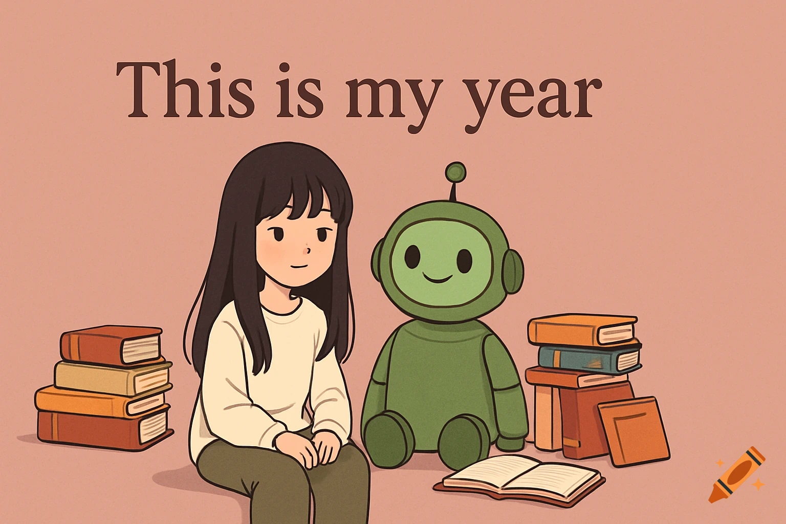 An illustration of a girl and a green robot sitting on the floor surrounded by books, with the text 'This is my year' above them.