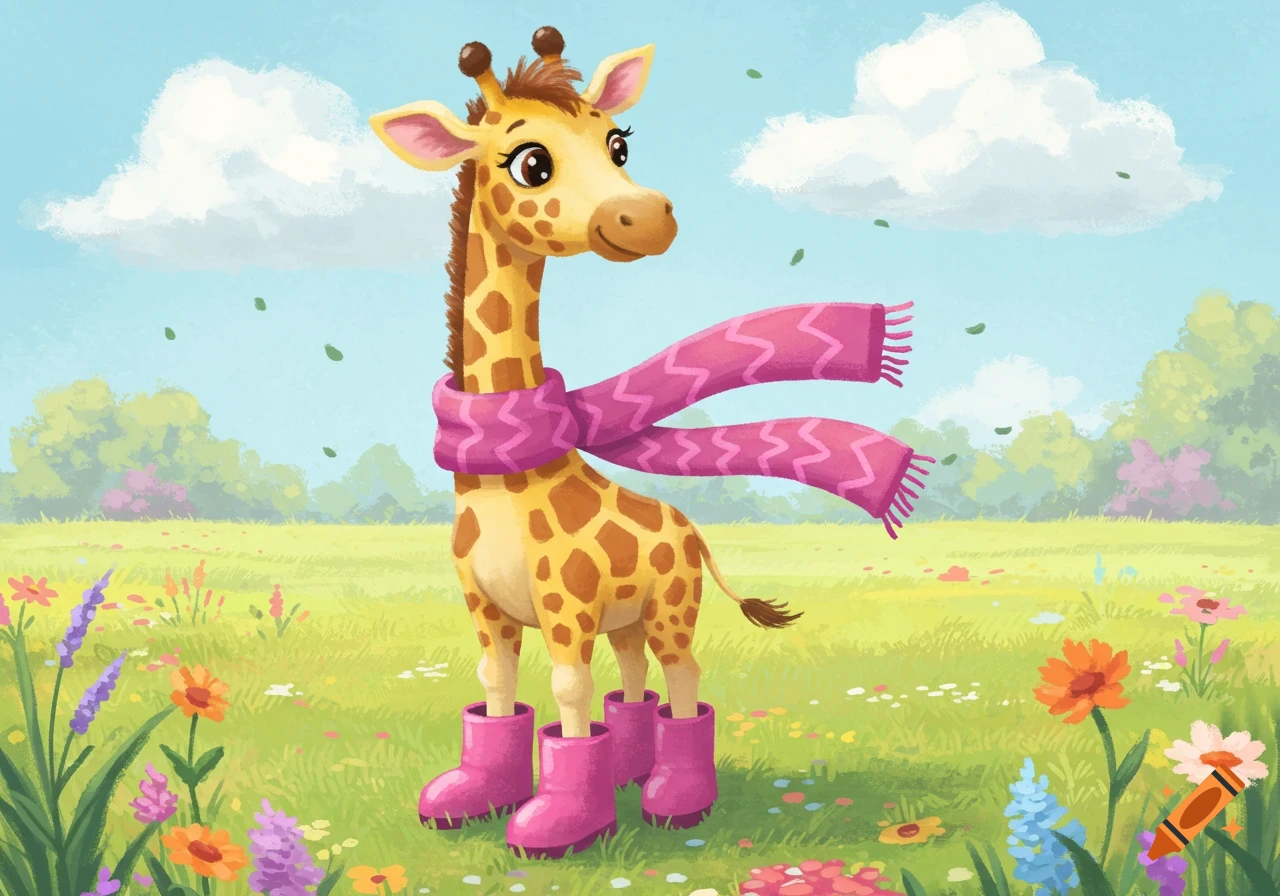 A cute cartoon giraffe wearing a pink scarf and boots stands in a field of colorful flowers under a blue sky.
