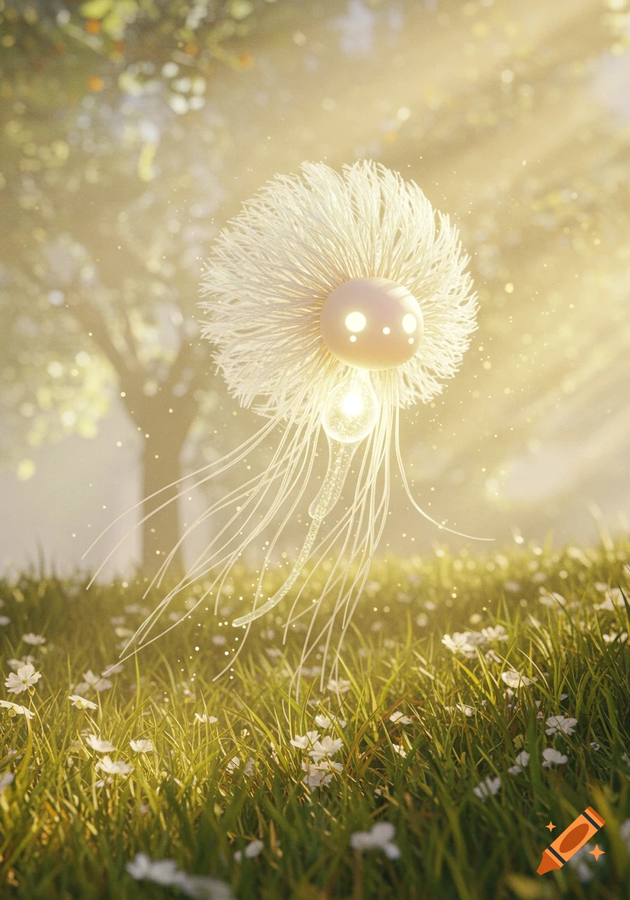 A glowing, dandelion-like creature with tendrils floats above a field of white flowers at sunset, with light rays.