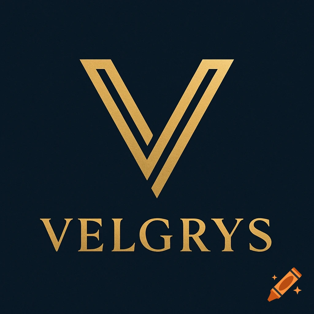 Minimalist gold letter V logo above 'VELGRYS' text on a dark navy background.