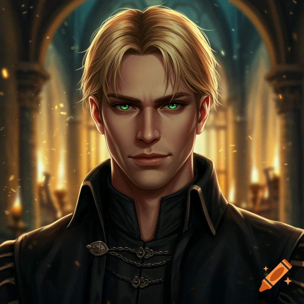 Close-up portrait of a handsome young man with blond hair and glowing green eyes, wearing black vintage clothes in a grand hall with golden light, fantasy style.