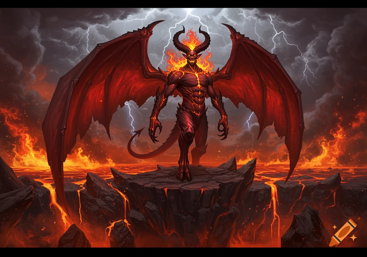 A fearsome red demon with fiery horns and large wings stands on a rock surrounded by lava under a stormy, lightning-filled sky.