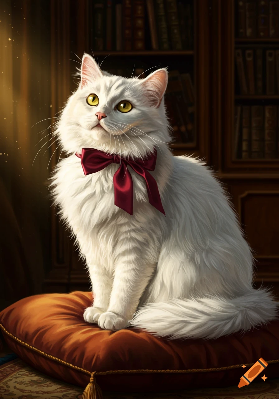 A fluffy white cat with yellow eyes and a red bow tie sits on an orange pillow in a study with bookshelves.