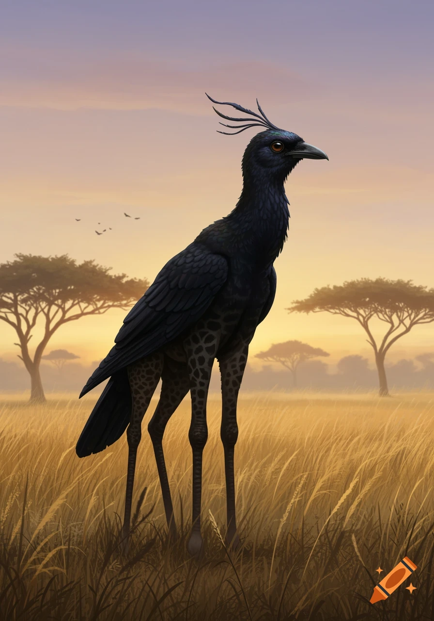 A fantasy hybrid creature with a black bird's upper body and giraffe-patterned legs stands in a golden savanna at sunset.