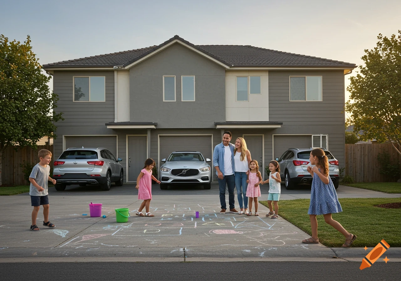 A family with four children plays hopscotch on the driveway in front of their modern gray house with two cars parked.