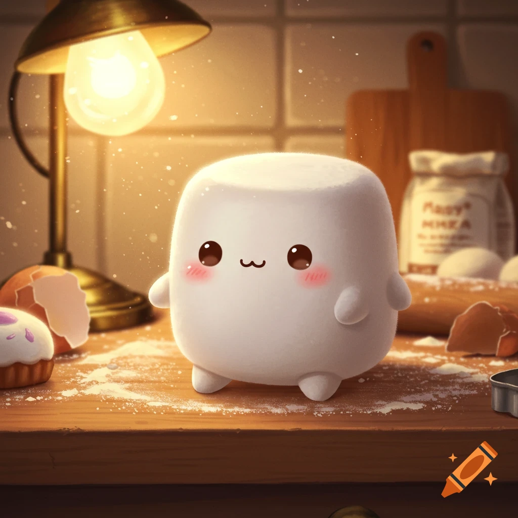 A cute, smiling marshmallow character with rosy cheeks stands on a wooden counter covered in flour, surrounded by baking ingredients under a warm lamp.