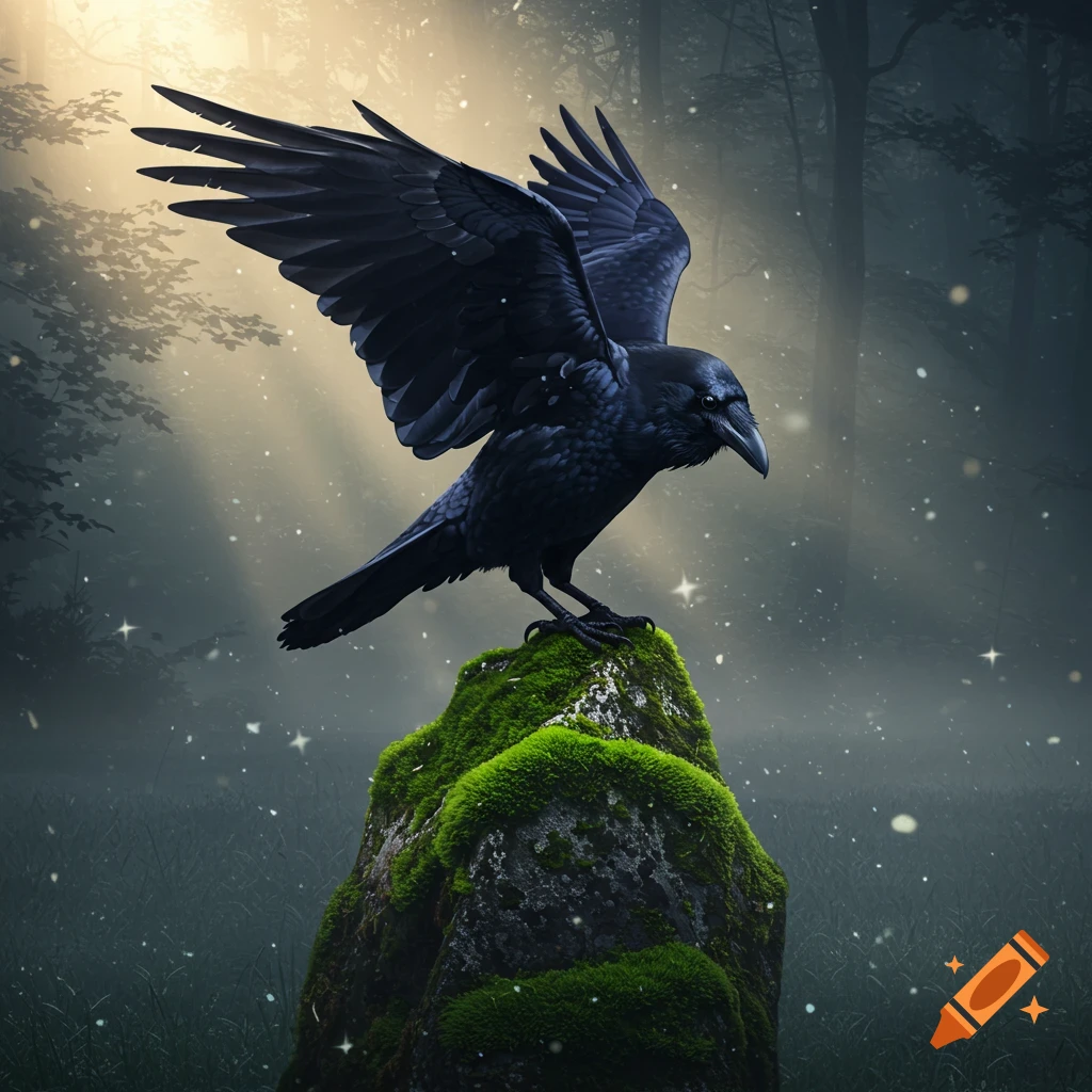 A black raven with wings spread, perched on a mossy rock in a misty, sunlit forest with sparkling dust.