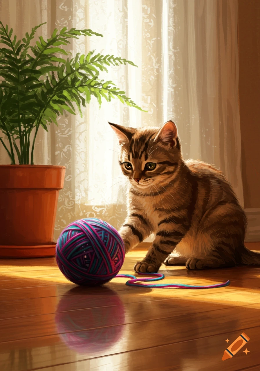 A cute tabby kitten playing with a ball of colorful yarn on a sunlit wooden floor next to a potted fern.