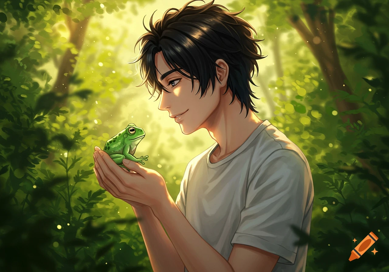 An anime man gently holds a green frog in his hands in a sun-dappled forest.