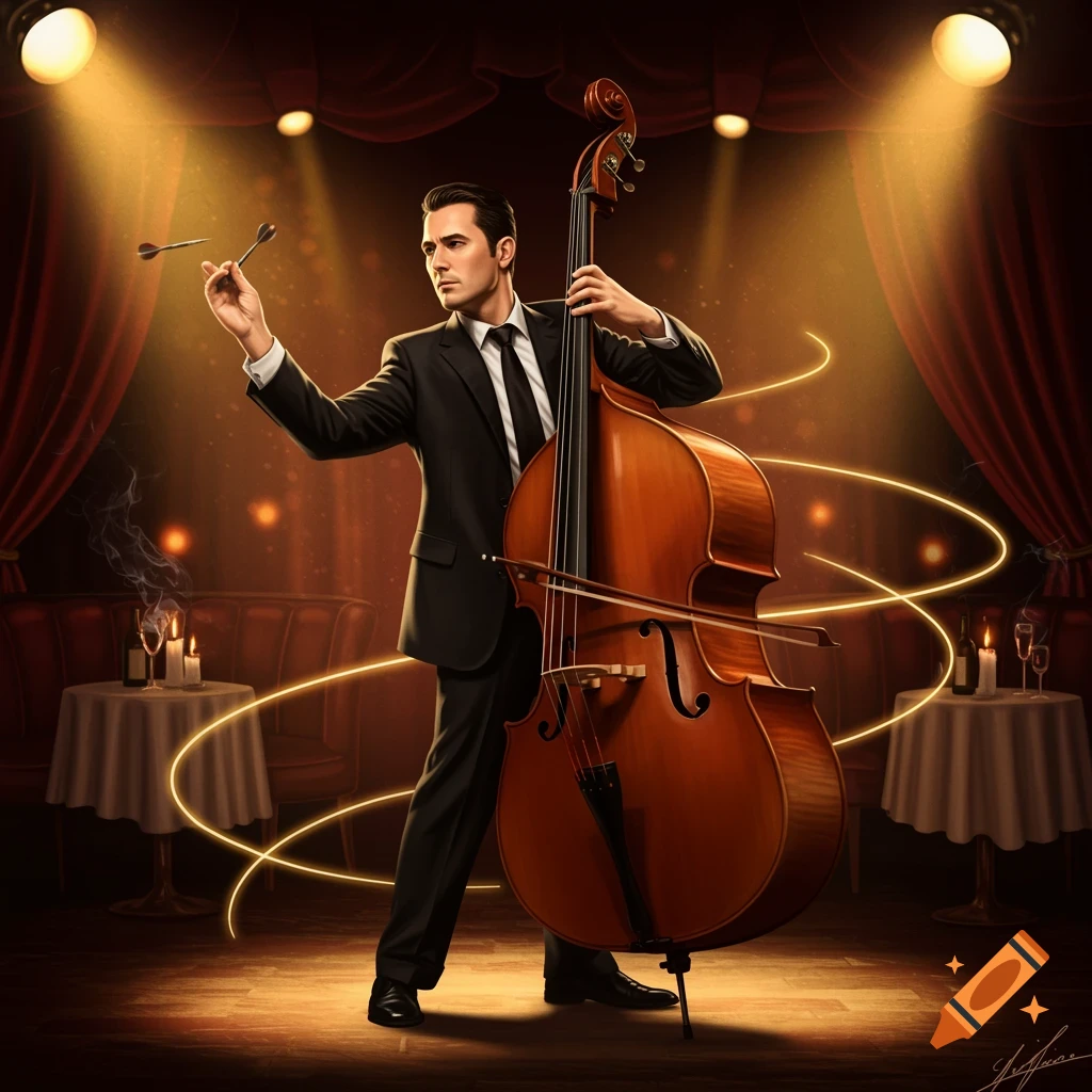 A dapper man in a suit holds a dart and a double bass on a spotlighted stage in a dimly lit club.