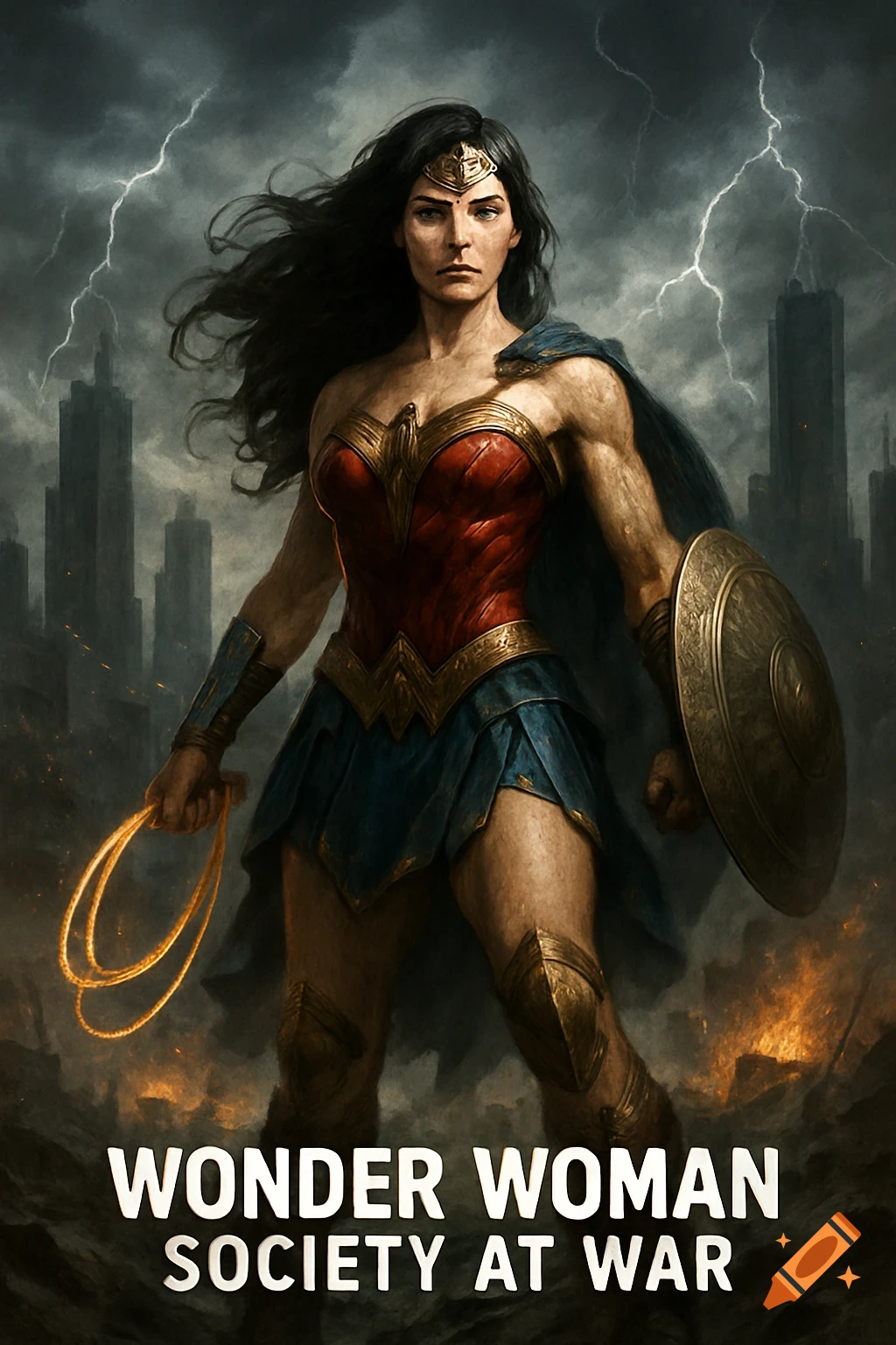 A superhero, Wonder Woman, stands ready for battle in a stormy, burning city, with the title 'WONDER WOMAN SOCIETY AT WAR' at the bottom.