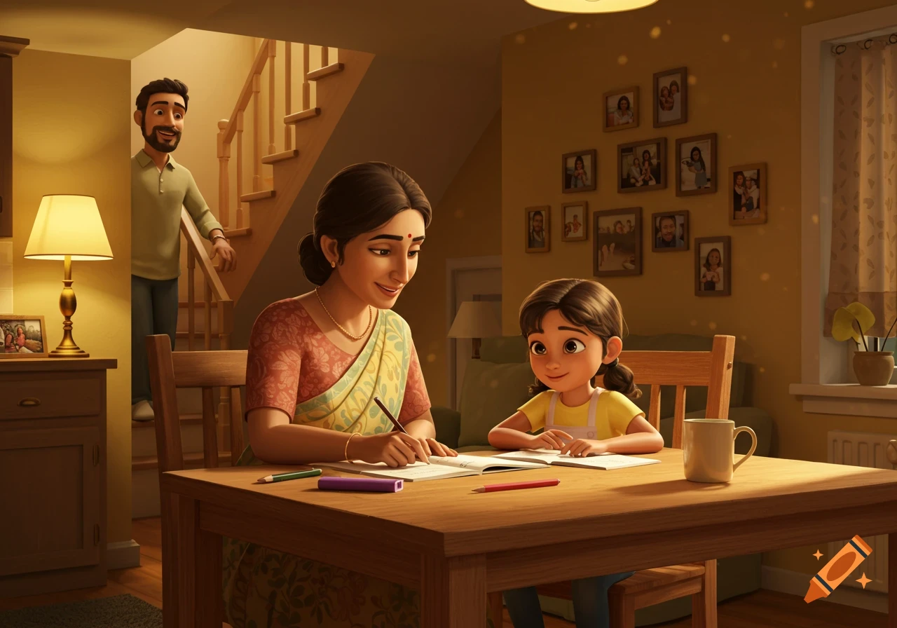 A warm cartoon scene of an Indian mother helping her daughter with homework at a kitchen table, while the father walks down the stairs in the background. Family photos adorn the wall in a cozy home setting.