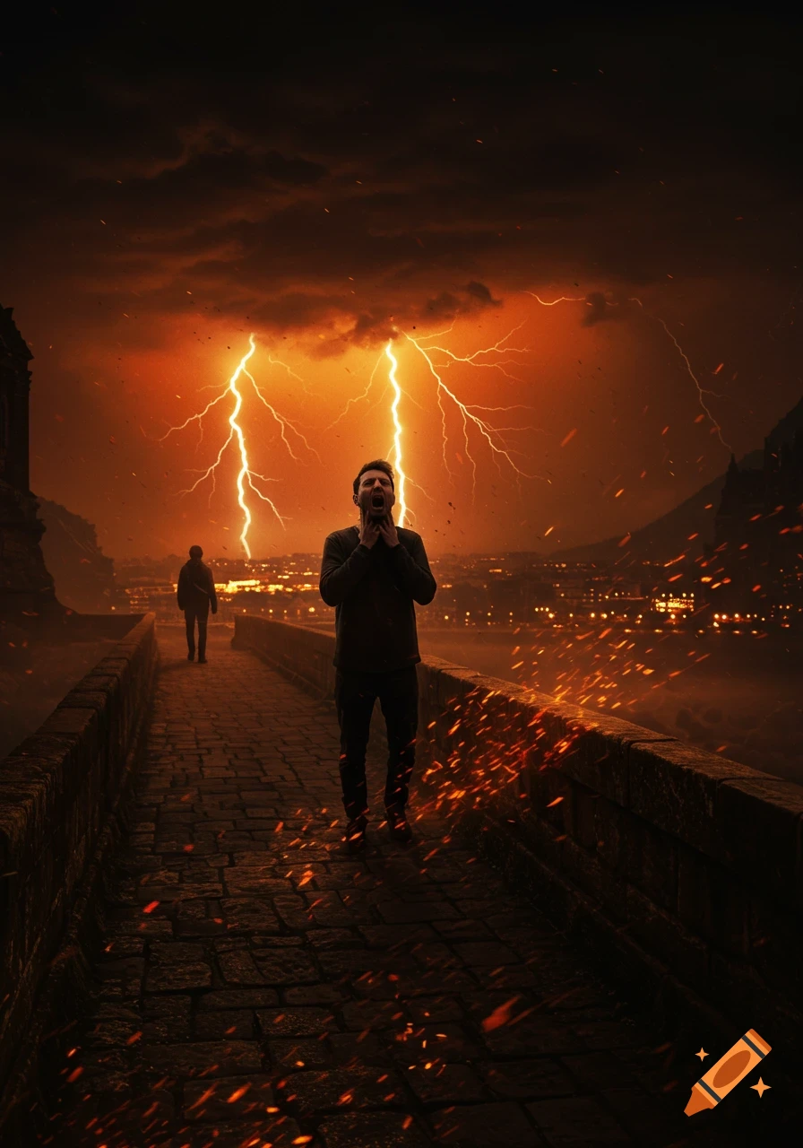 A man screams on a stone bridge as lightning strikes against a fiery orange sky, with a city and another figure in the distance.