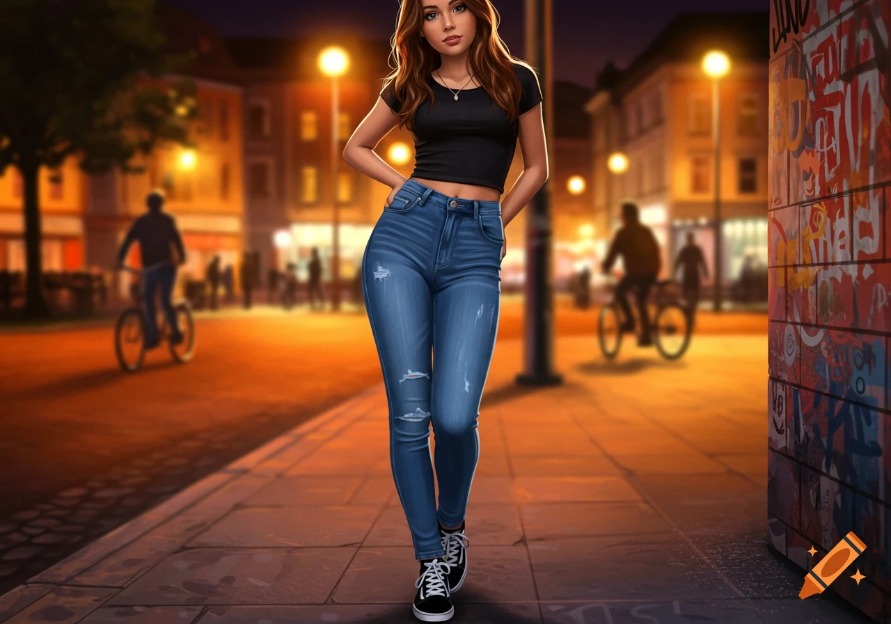A young woman in a black crop top and ripped blue jeans stands on a city sidewalk at dusk with blurred streetlights and buildings in the background.