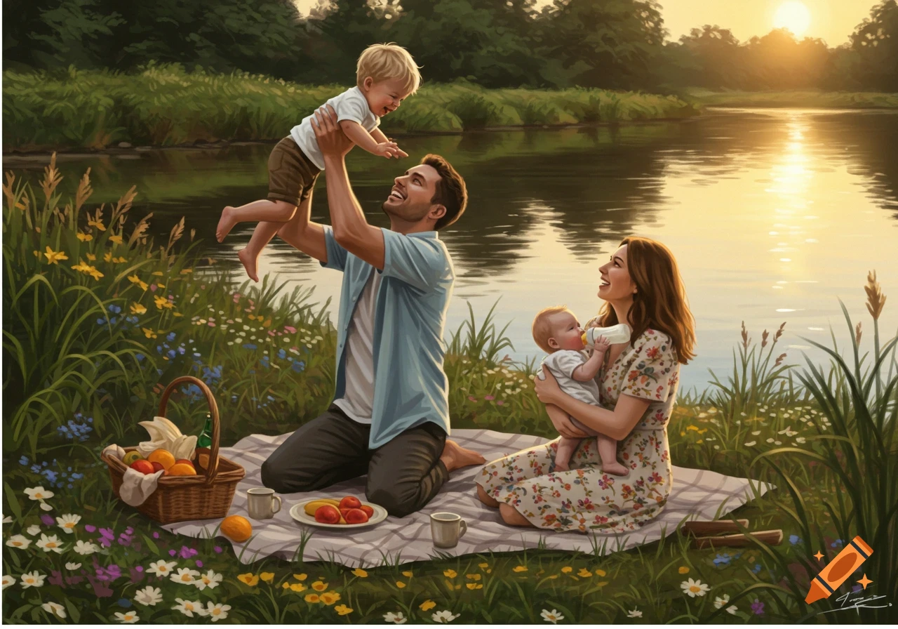 A family of four enjoys a picnic by a river at sunset, father holding up one child, mother feeding the other.