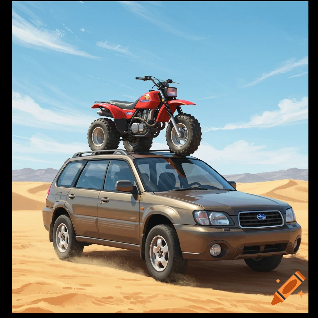 A brown Subaru Outback with a red Honda 3-wheeler on its roof drives through desert dunes.