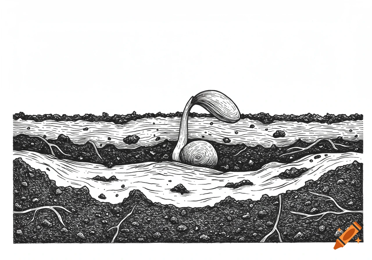 Black and white line art illustration of a seed sprouting underground.