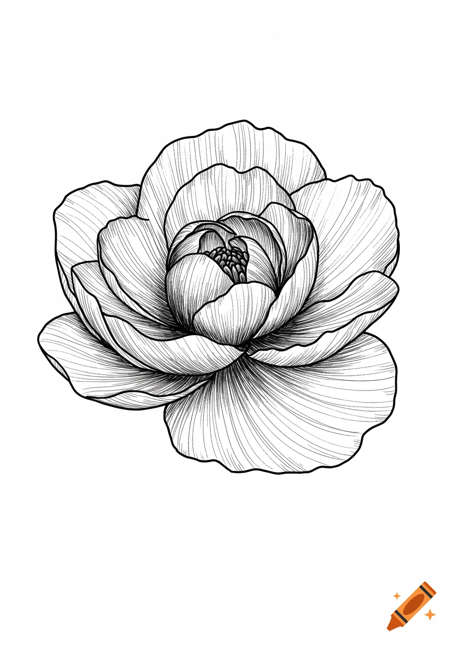 A black and white line art drawing of a single flower, with detailed petals.