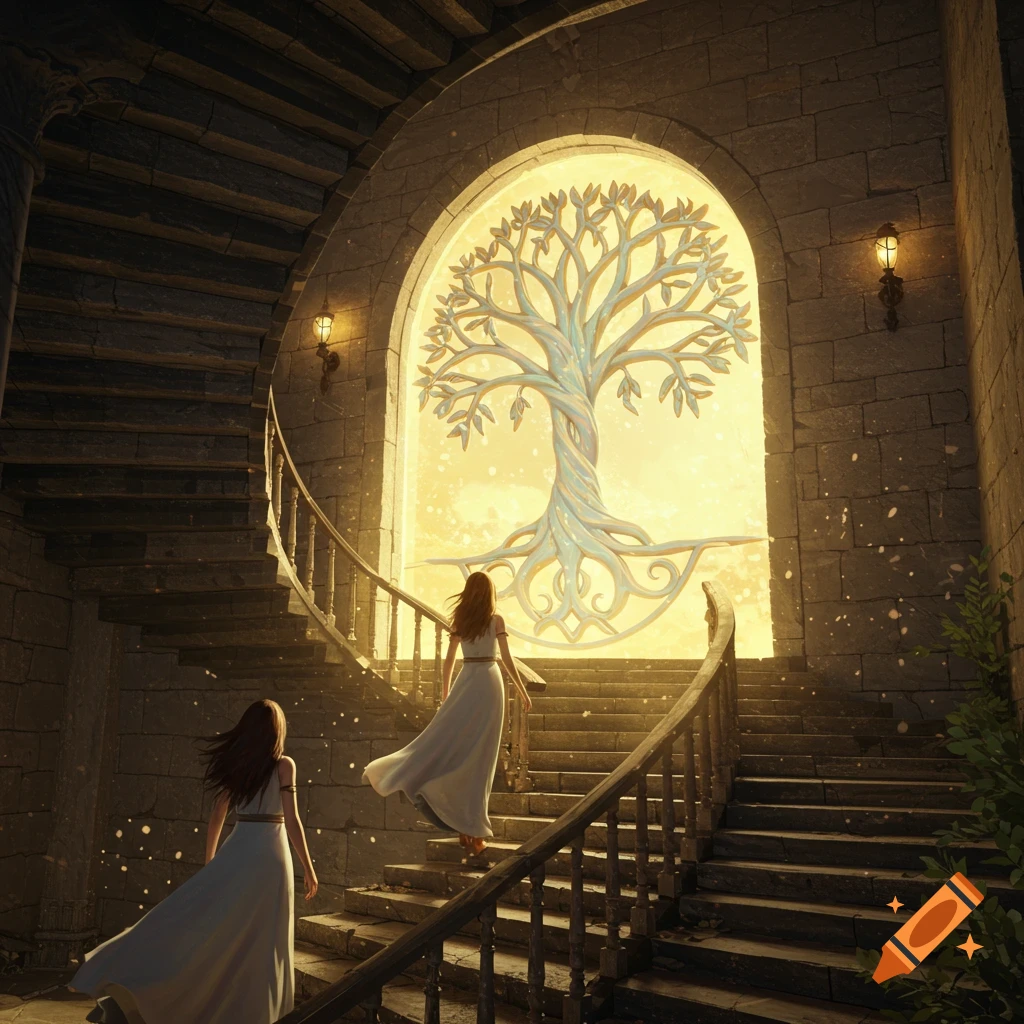 Two women in white dresses ascend a stone spiral staircase towards a luminous archway with a glowing Tree of Life carving.