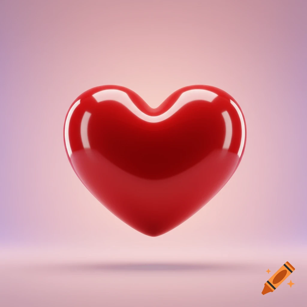 A glossy red 3D heart floats against a soft pink and purple gradient background.