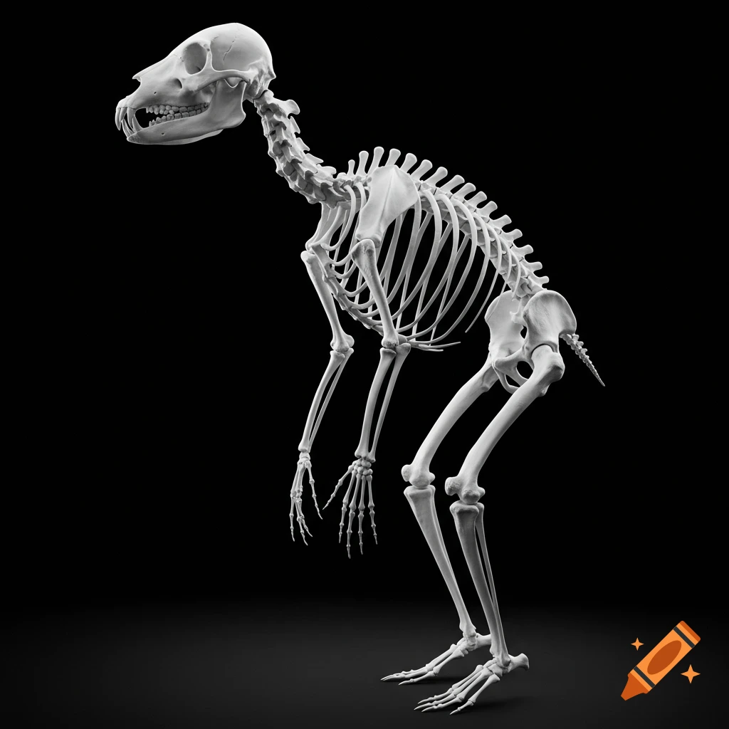 Photorealistic 3D rendering of a quadruped animal skeleton, possibly a dog, standing against a dark background.