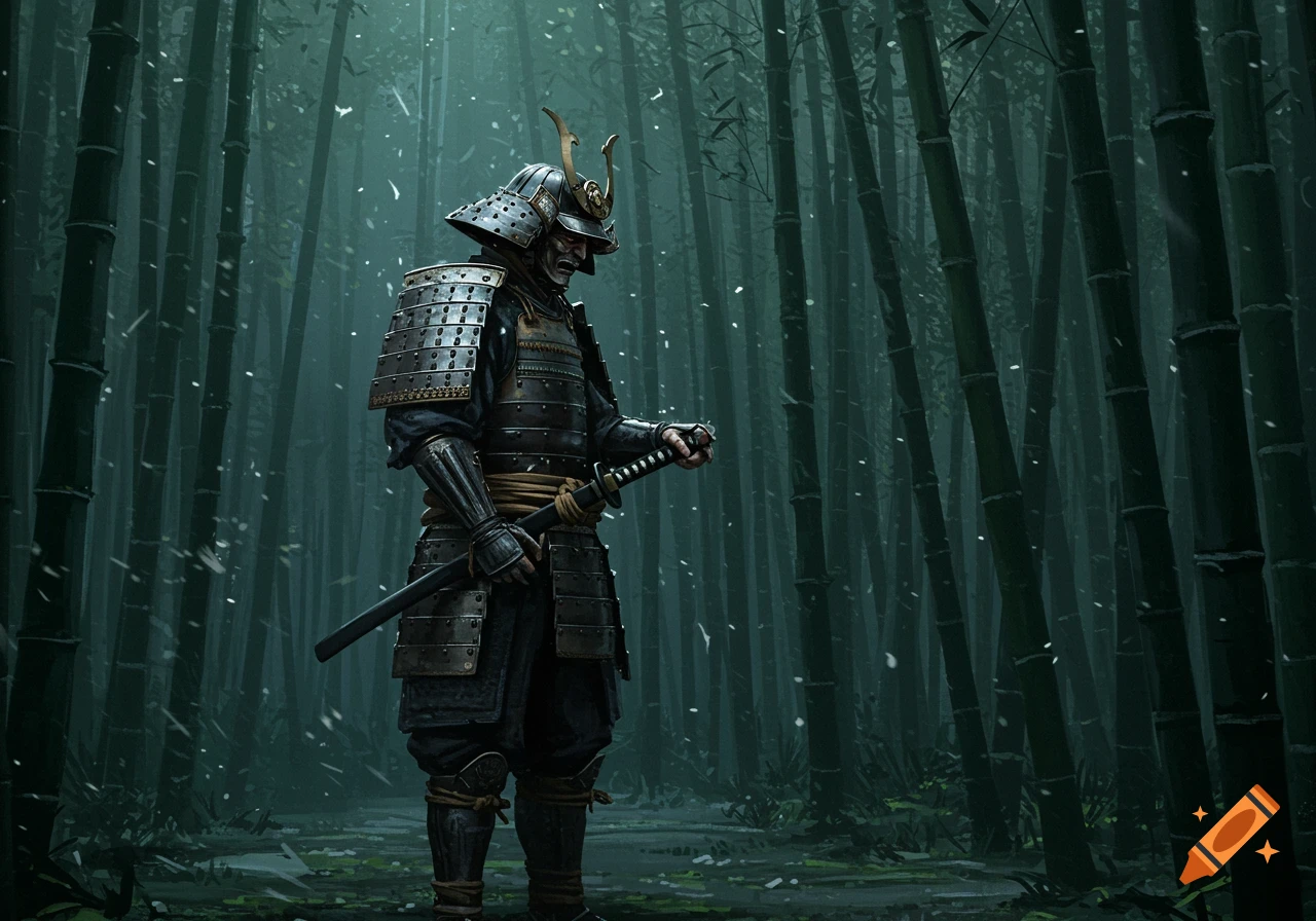 A samurai in full armor stands in a snowy bamboo forest, holding a sword.