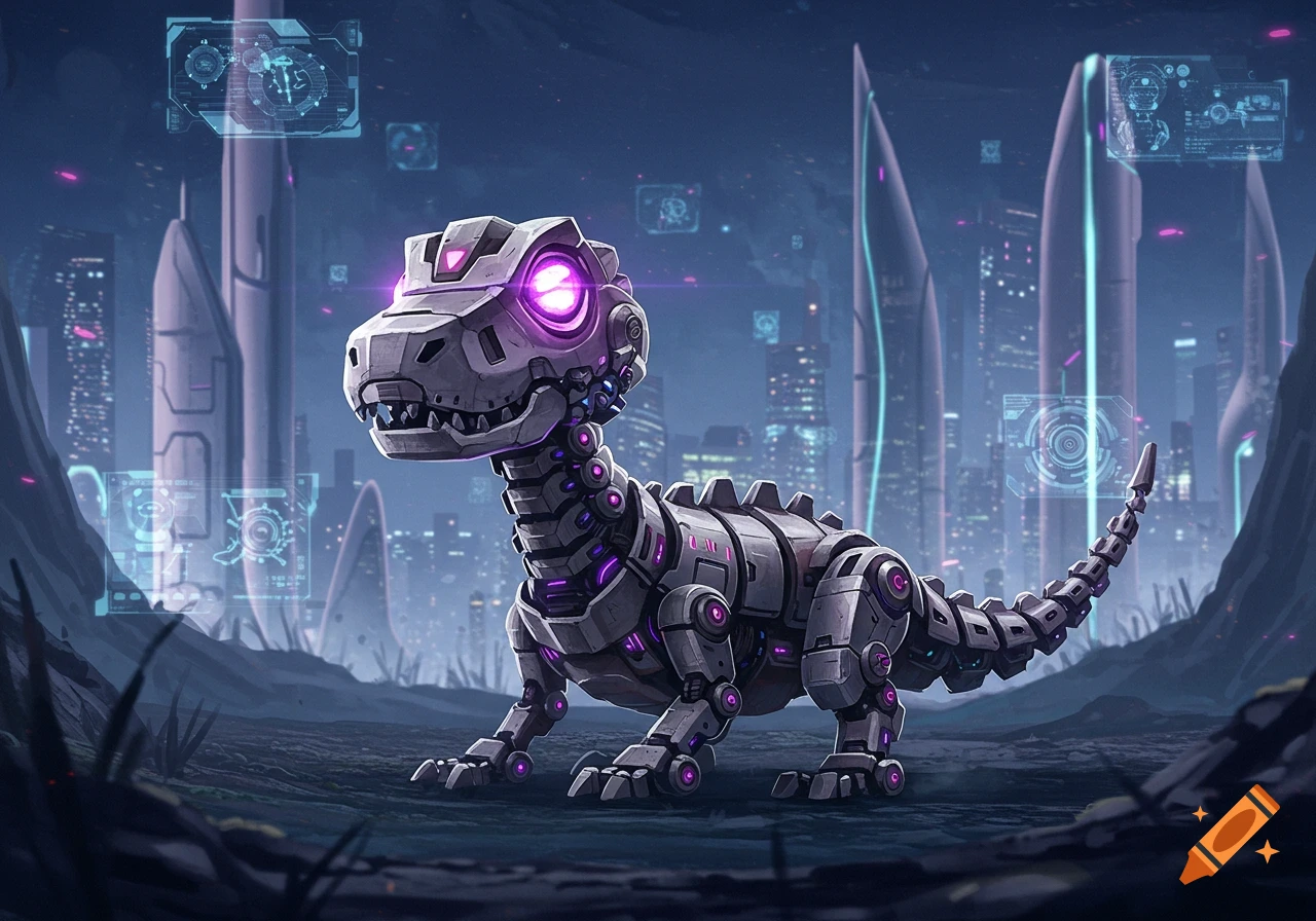 A cute mechanical T-Rex with glowing purple eyes stands in a futuristic city, with holographic displays.