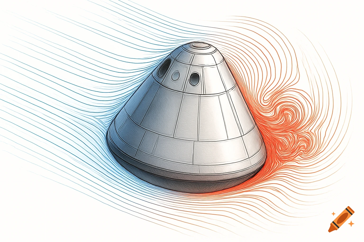 Schematic illustration of a re-entry capsule with blue laminar flow and red turbulent flow on a white background.