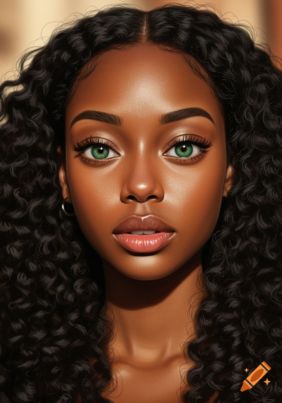 Close-up photorealistic portrait of a young woman with brown skin, long curly black hair, and striking green eyes.
