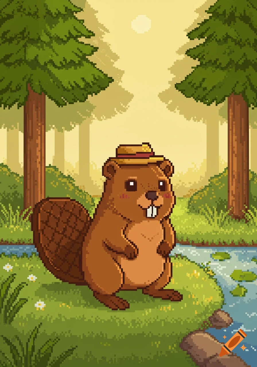 A pixel art image of a cute anthropomorphic beaver wearing a hat, sitting in a forest next to a river.