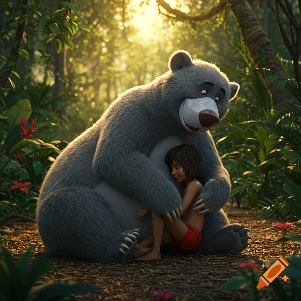 Baloo the bear hugs Mowgli in a sunlit jungle.