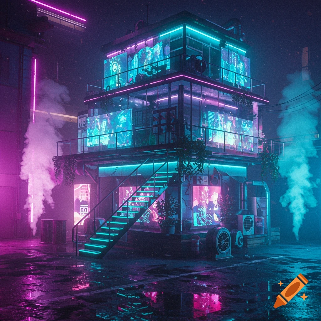 A neon-lit cyberpunk building with multiple glowing screens and illuminated stairs in a smoky, wet urban environment at night.