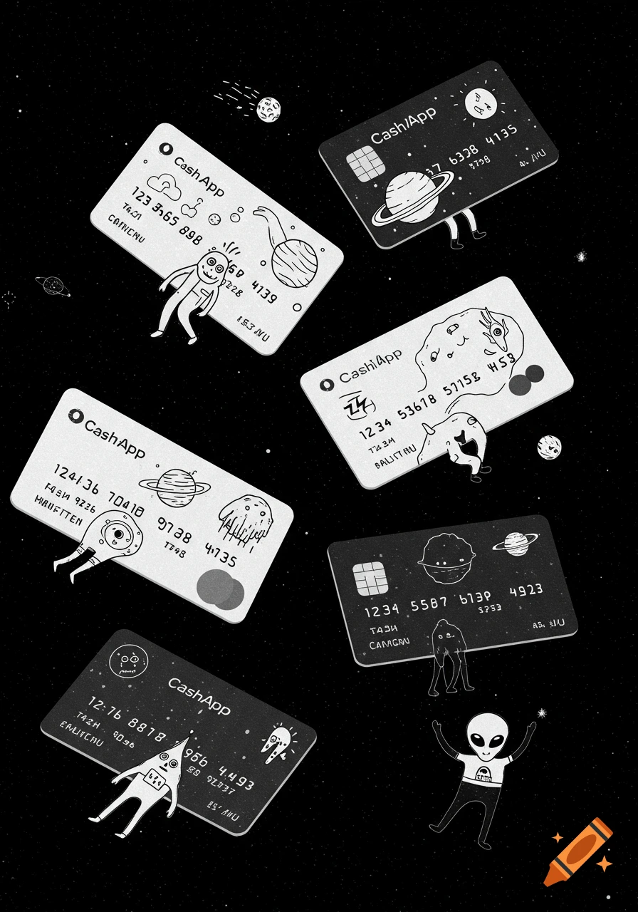 Black and white whimsical illustrations of CashApp cards floating in space, featuring cartoon aliens and planets.