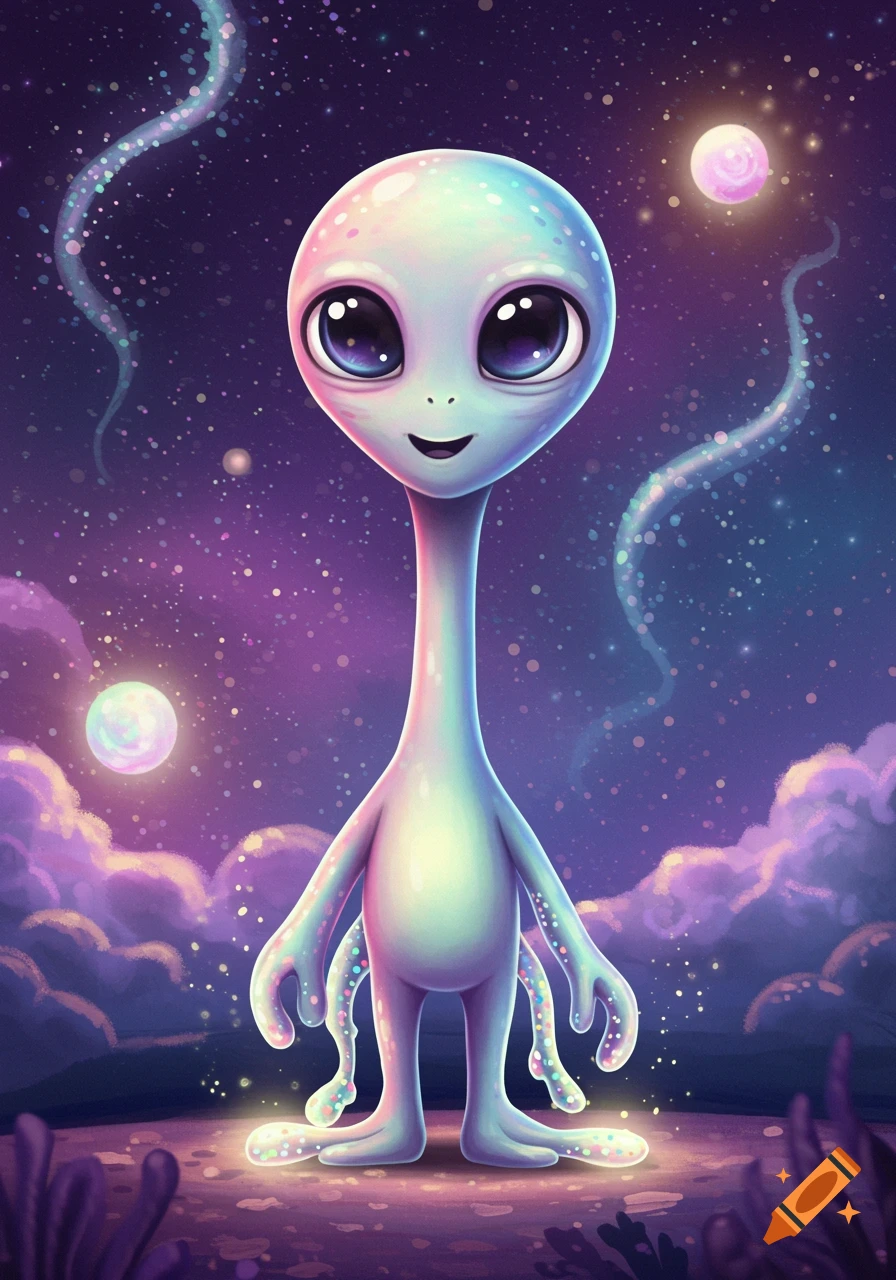 A cute, cartoonish alien with a tall neck, huge head, glowing eyes, and slimy, sparkling tentacles stands on a purple alien landscape under a starry sky with moons.