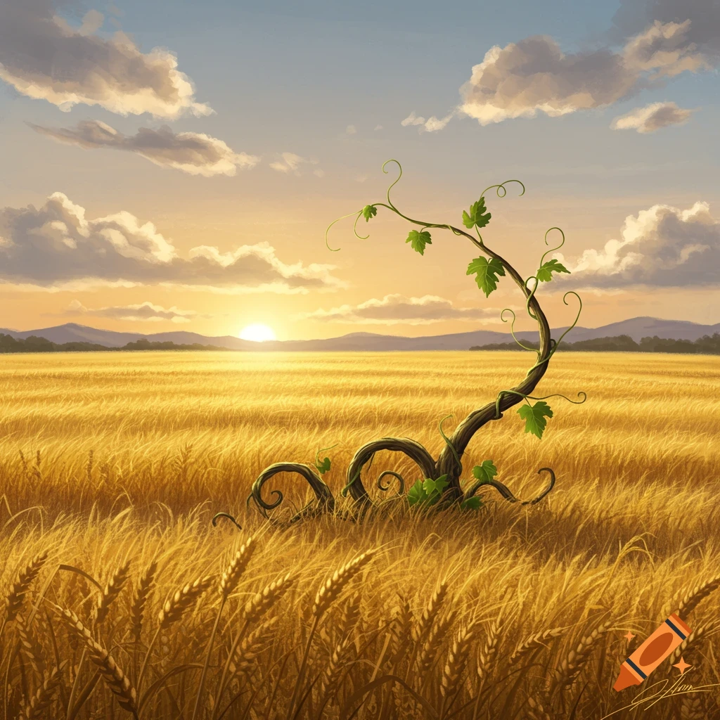 A winding vine with green leaves in a vast golden wheat field under a cloudy sunset sky, in an artistic style.