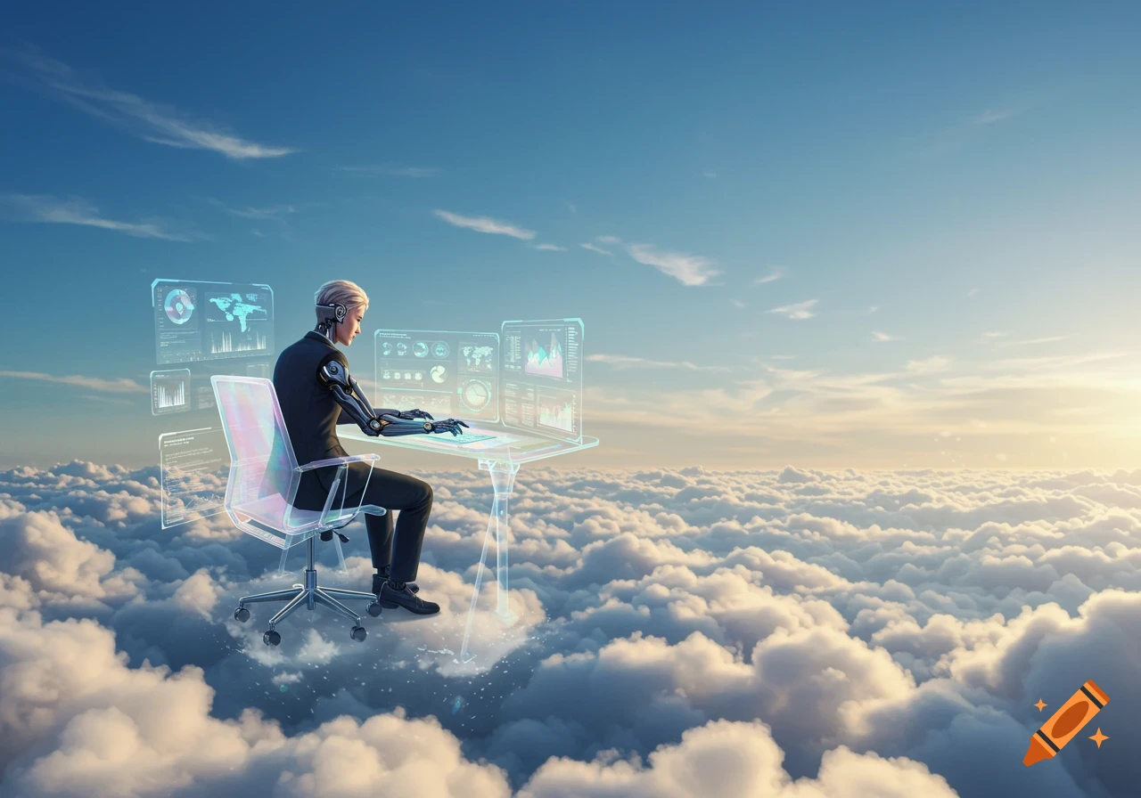 A futuristic person with robotic arms works at a transparent desk with holographic screens, floating above a sea of clouds.