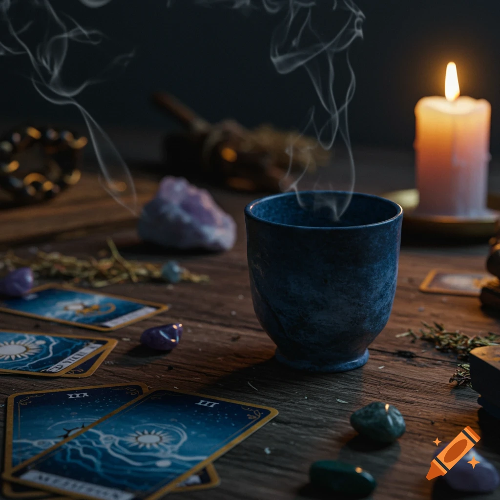 A dark, moody still life featuring a steaming blue cup, tarot cards, crystals, and a lit candle on a wooden table.