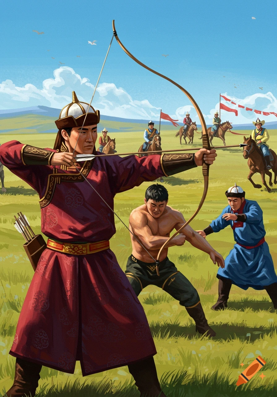 A vibrant painting of the Naadam Festival, with a Mongolian man in traditional red attire shooting an arrow, a wrestler, and horse riders in a grassy field.