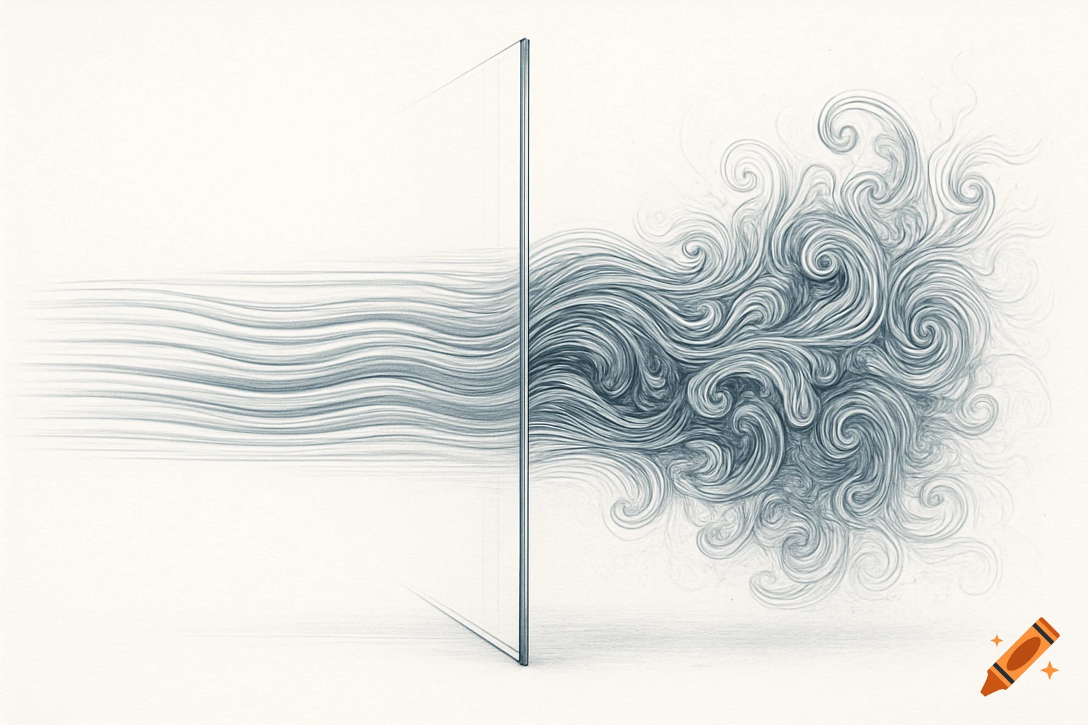 Pencil sketch of laminar flow lines becoming turbulent swirls after passing a vertical clear wall on a white background.