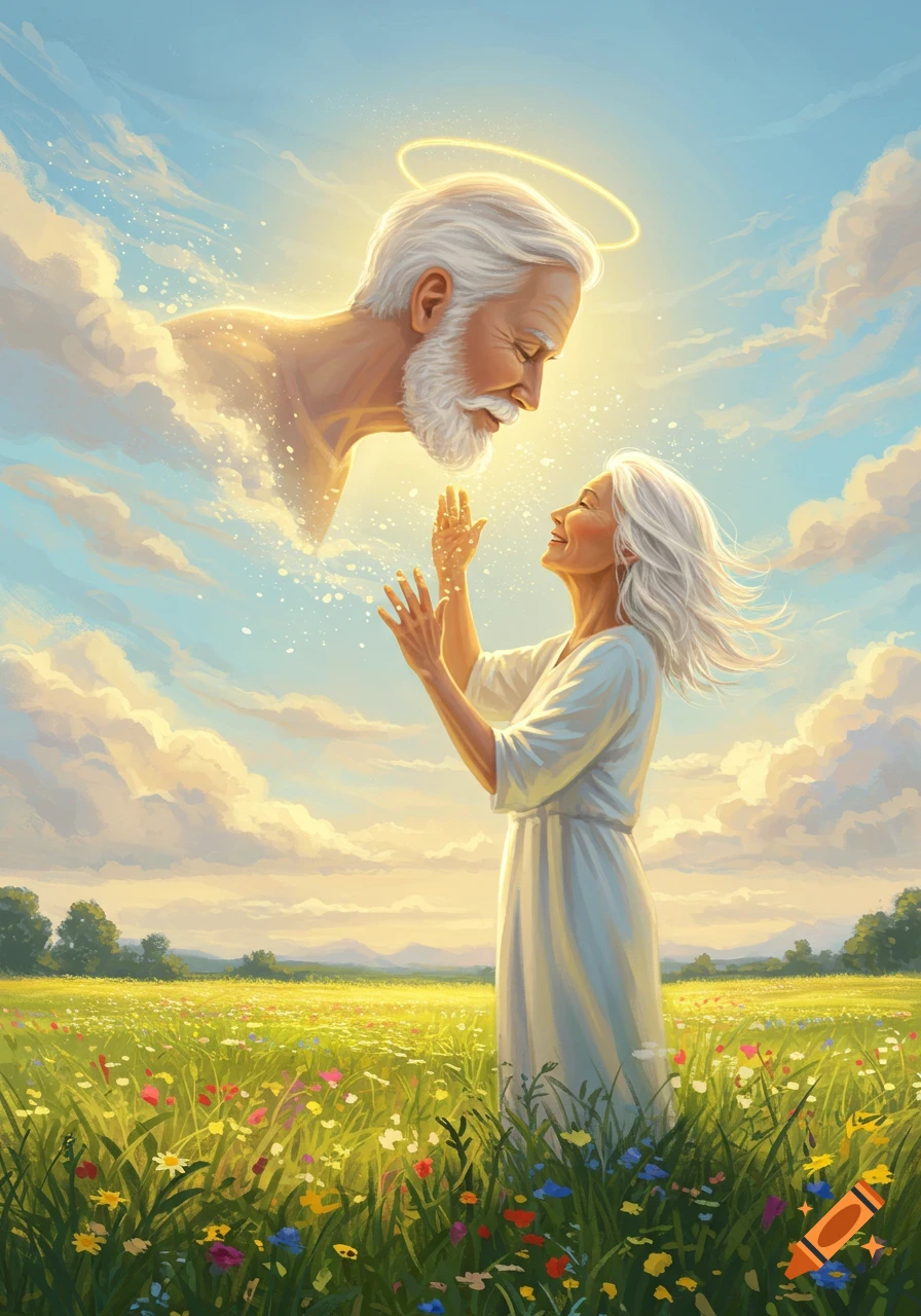 A bearded man's head with a halo emerges from clouds, looking down at an old woman in a white dress reaching up in a vibrant wildflower field under a bright sky.
