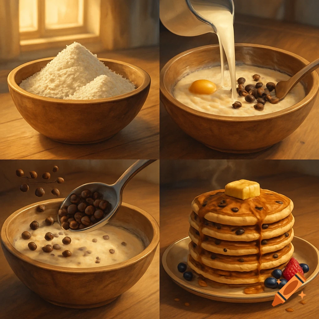 A four-panel step-by-step guide to making chocolate chip pancakes, showing ingredients, mixing, and the finished stack with syrup.