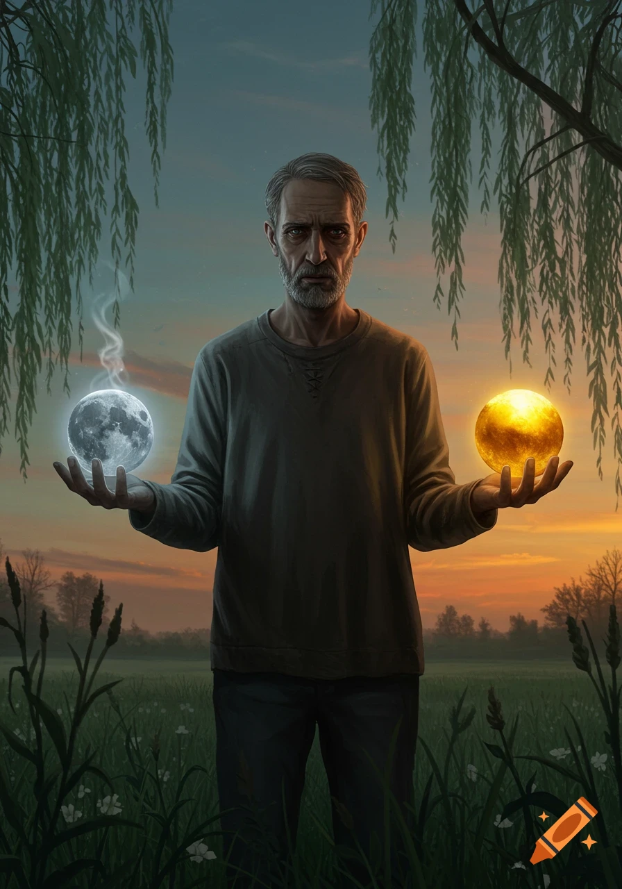 A bearded man stands in a field at sunset, holding a glowing moon in his left hand and a golden sun in his right.