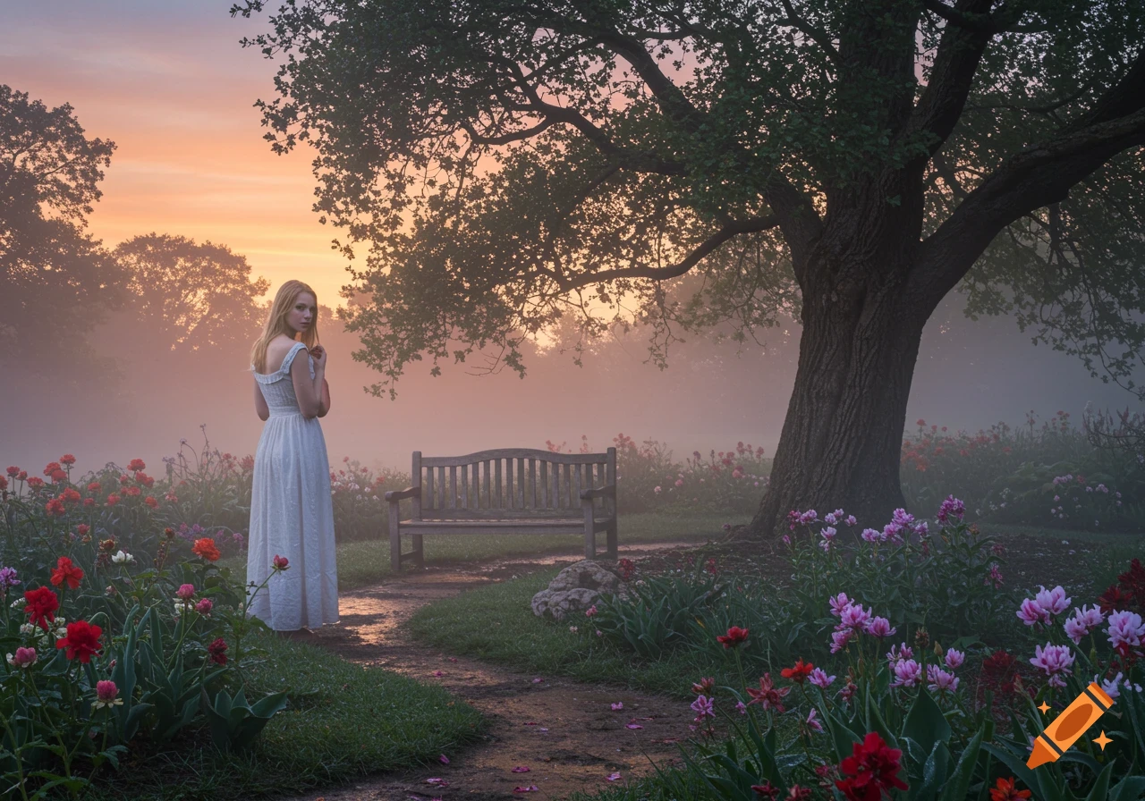 A woman in a white dress stands in a misty garden at sunrise, looking back over her shoulder. A large tree and flowers surround her.