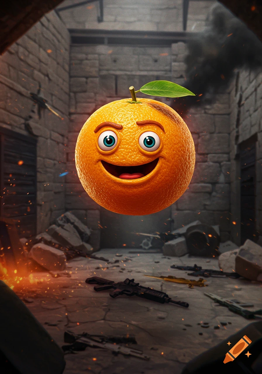 A smiling cartoon orange floats in a destroyed building with firearms and rubble on the ground, smoke and fire in background.